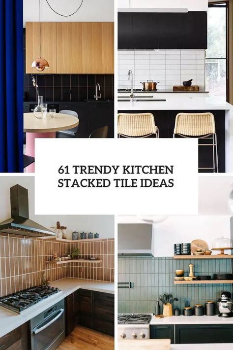 Trendy Kitchen Stacked Tile Ideas cover Stacked Tile Backsplash, Green Shaker Cabinets, Stacked Tile, Butcherblock Countertops, Trendy Kitchen Design, Metal Countertops, White Kitchen Countertops, Bold Kitchen, Kitchen S