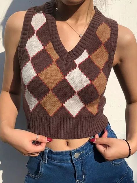 Brown Vintage Y2K Cropped Sweater Vest Autumn Sleeveless Knit Pullover 90s Plaid Sweater Vest, Cropped Sweater Vest, Sweater Shrug, Aesthetic Sweaters, Argyle Sweater Vest, Knit Vest Pattern, Sweater Vest Women, Argyle Sweater, Vintage Plaid