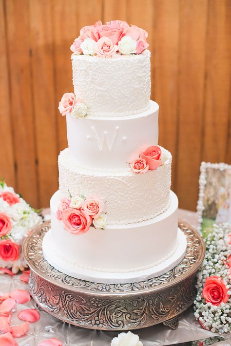 Wedding Cake With Pearls, Classic Country Wedding, Cake With Pearls, Wedding Cake Marble, Coral Wedding Cakes, Magnolia Texas, Quince Cakes, Monogram Wedding Cake, Wedding Cake Fresh Flowers