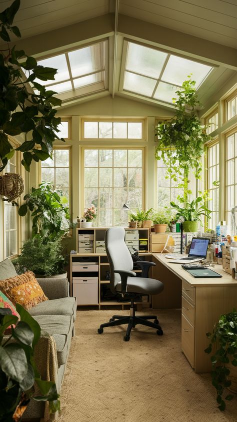 Create a classy sunroom office with timeless decor and ample natural light. Use elegant furniture and sophisticated accents to transform your space into a productive and stylish work environment. #sunroom #officeinspo #classyroomdecor #elegantoffice #homedécor #officeorganizationtips #naturalight #officecolors #decoration #homeofficeideas Sunroom Layout Ideas, Sunroom Office Ideas Small Spaces, Conservatory Study, Eclectic Sunroom, Sunroom Office Ideas, Green Sunroom, Sunroom Layout, Yellow Study, Conservatory Office