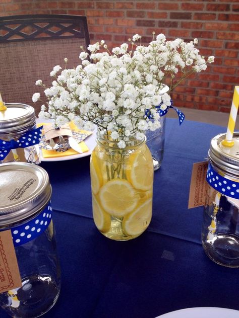 Yellow and Navy Bridal Shower Brunch Centerpiece Navy And Yellow Bridal Shower Ideas, Lemon And Blue Centerpiece Ideas, Bridal Shower Yellow And Blue, Blue And Yellow Centerpieces Graduation, Yellow And Blue Birthday Decor, Navy Blue And Yellow Wedding Decorations, Yellow And Blue Centerpieces, Blue White And Yellow Party Decorations, Yellow And Blue Party Decorations