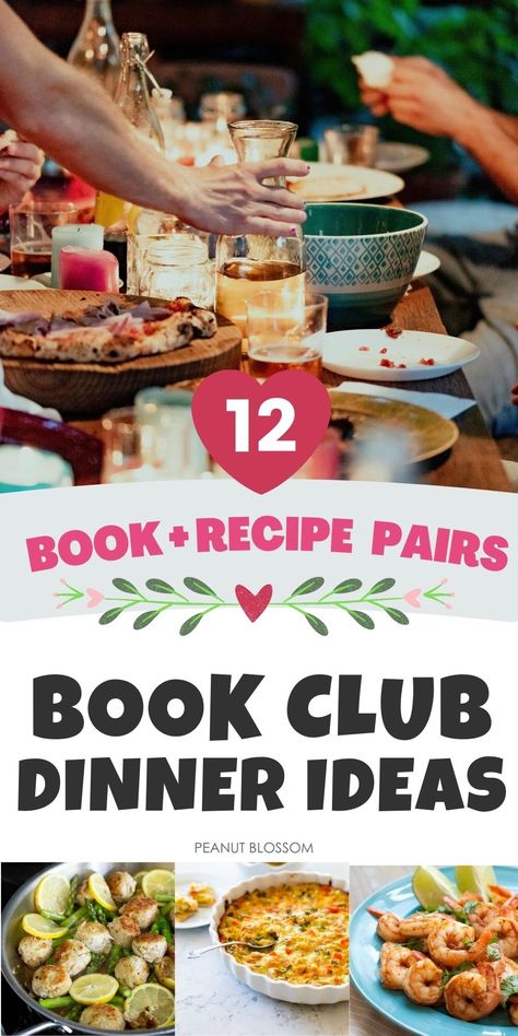 This is a huge list of all the book club dinner ideas you would ever need. Easily plan an entire year of book club parties and pair your book club book of the month with an easy themed dinner menu to go with it! You could take turns hosting or do it potluck style for the best book club dinner ever. Book Club Brunch Recipes, Easy Book Club Desserts, Book Club Food Easy Recipes, Bookclub Dinner Ideas Food Recipes, Themed Book Club Ideas, Literary Dinner Party, Bookclub Food Ideas, Book Club Charcuterie Board Ideas, Book Club Potluck Ideas