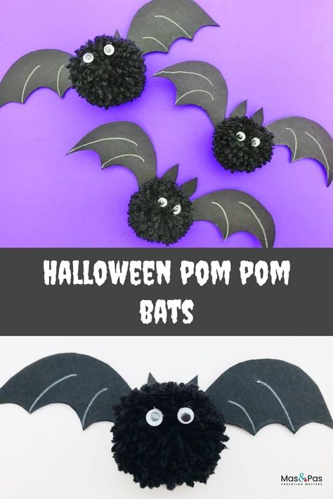 Halloween Craft Idea, Make Pom Poms, Pom Pom Animals, Fun Kids Crafts, Bat Craft, Halloween Kunst, Homemade Halloween Decorations, Halloween Arts And Crafts, Pom Crafts