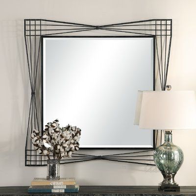 Winston Porter Malachi Forged Iron Accent Mirror Steel Mirror Frame Design, Black Iron Mirror Frame, Streamline Black Metal Mirror, Iron Accents, Square Mirror, Iron Furniture, Forged Iron, Floor Mirror, Accent Mirrors