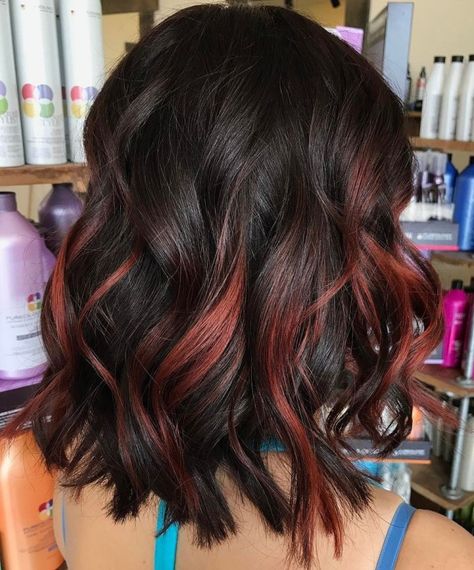 Partial vs Full Highlights: Theory, Tips and Examples Red Peek A Boo Hair, Red Peak A Boo Hair, Partial Blonde Highlights, Black Lob, Peek A Boo Hair, Red Hair With Highlights, Partial Highlights, Peekaboo Hair, Wine Hair