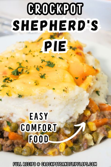 Warm up your fall nights with our Easy Shepherd's Pie in the Crockpot – a true fall favorite. This comfort food is filled with meat, veggies and topped with mashed potatoes for a one pot dinner that is family friendly! Shepherds Pie Slow Cooker, Shepards Pie Slow Cooker, Shepherd Pie Crockpot, Easy Crockpot Shepherds Pie, Shepards Pie Crock Pot Easy, Shepherds Pie In Crockpot, Crockpot Shepherds Pie Recipe Easy, Shepherds Pie Soup Recipe Crockpot, Shepherds Pie Crockpot