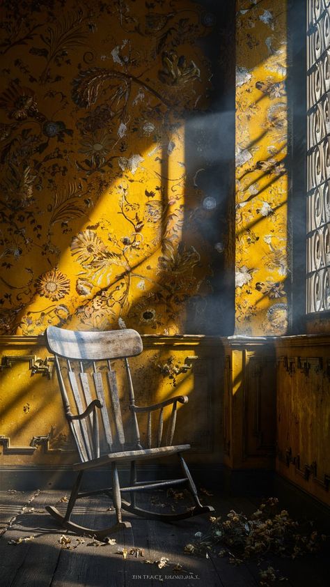 Step into a serene yet unsettling vintage room where intricate yellow wallpaper, adorned with floral patterns in gold and mustard, whispers tales of history. Bathed in soft sunlight, this evocative scene features a weathered rocking chair and dried flowers, inviting exploration and contemplation. Experience the nostalgic and mysterious allure of this dreamlike atmosphere. #VintageDecor #YellowWallpaper #HomeDesign #InteriorPhotography The Yellow Wallpaper Aesthetic, Mustard Aesthetic, December Reading, The Yellow Wallpaper, Moody Interiors, Film Ideas, Vintage Room, Yellow Wallpaper, Interior Photography