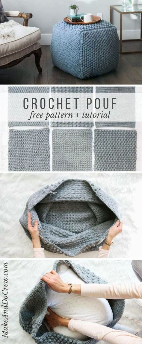 This free crochet for home pouf pattern uses economical yarn to make a chunky crochet pouf that works as a side table, ottoman or bean bag chair. Modern + fun knitting and crochet pattern. Crochet Pouf Pattern, Bean Bag Pattern, Knitting Amigurumi, Crochet Pouf, Hoodie Diy, Crochet Afghans, Crochet Pillow, Crochet For Home, Crochet Diy