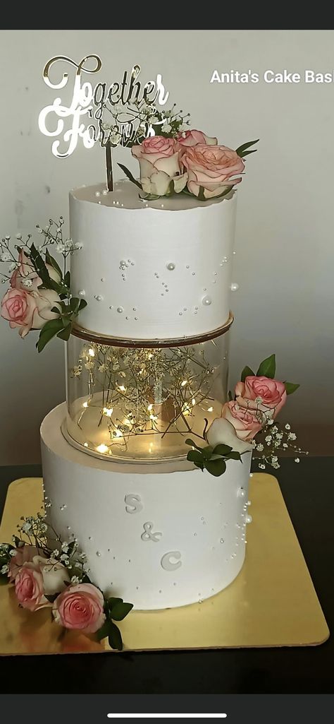 Wedding Cake With Clear Layer, Wedding Cake With Lights, Album Cake, Floating Cake, Wedding Cake Designs Simple, 5 Tier Wedding Cakes, 25 Anniversary Cake, Reception Cake, Fiesta Cake