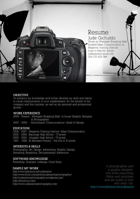 An interesting photography resume Cv Original Design, Photography Resume, Resume Inspiration, Photographer Resume, Creative Resumes, Creative Cvs, Cv Original, It Cv, Resume Ideas