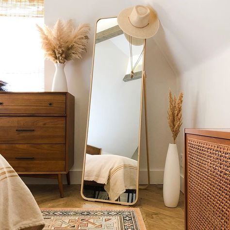 Minimalist boho bedroom ikea gold wooden curved edged floor mirror ikornnes west elm target pampas by @thejohnsons Boho Bedroom Ikea, Standing Mirror Decor, Ikea Gold, Ikea Bedroom Decor, Floor Mirror Decor, Ikea Bedroom Furniture, Ikea Bedroom Storage, Bedroom Ikea, Bedroom Minimalist