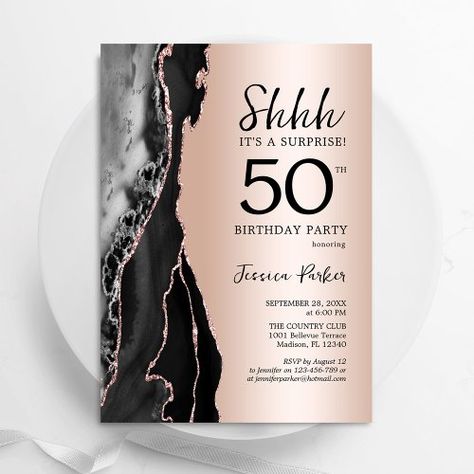 $1.85 | Rose Gold Black Agate Surprise 50th Birthday - surprise 50th birthday, agate black rose gold, womens birthday, marble, rock stone, glamorous, luxury elegant, glitter rose gold, shhh its a surprise, spark bling chic Shhh Its A Surprise, 50th Birthday Surprise, Surprise 30th Birthday, Surprise 60th, Surprise 40th, Surprise 50th, 90th Birthday Invitations, Womens Birthday, 80th Birthday Invitations