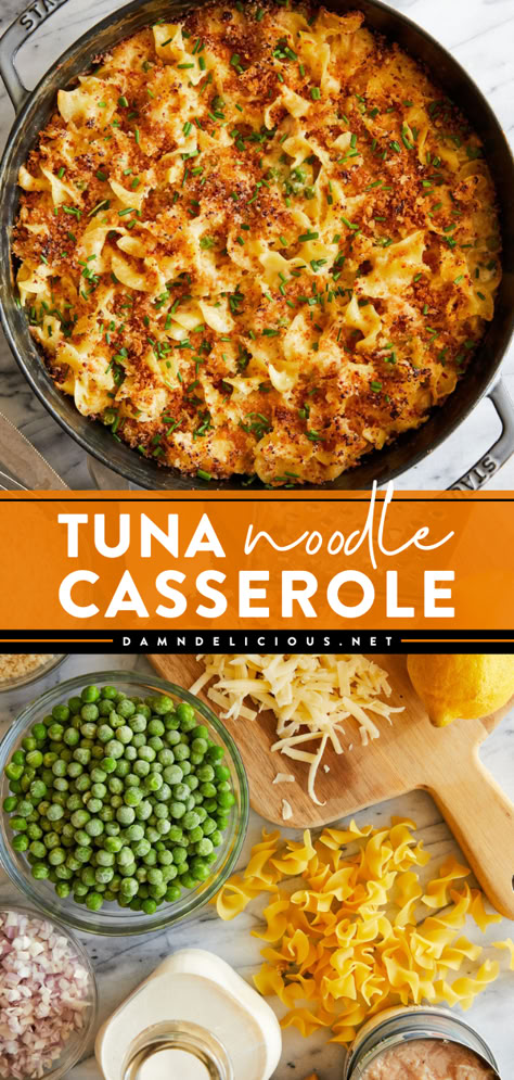 Craving a simple comfort food? You'll love every bite of this hearty dinner! Extra creamy with a crispy, crunchy Parmesan-Panko topping, this classic tuna noodle casserole is so good. Save this casserole recipe and enjoy this tuna dish with egg noodles! Canned Tuna Recipe, Tuna Fish Recipes, How To Make Tuna, Recipes Chili, Tuna Recipe, Cake Pizza, Tuna Noodle, Tuna Noodle Casserole, Pizza Sandwich