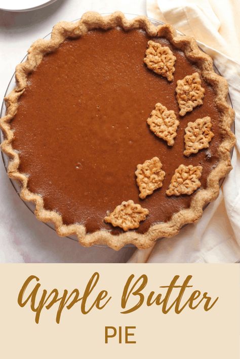 This Apple Butter Pie is a unique twist on a classic flavor for fall pies. It's simple to make, thanks to the use of store-bought apple butter and has a silky smooth filling. Bake it up in a whole-grain Spelt Pie Crust and serve it with Maple Whipped Cream for a fun apple flavored pie. #pie #pierecipes #thanksgivingpie #fallrecipes #apple Meatball Pie, Apple Butter Pie, Easy Apple Butter, Fall Pies Recipes, Creamy Pie, Hp Sauce, Fall Pies, Butter Crust, Apple Pie Recipe