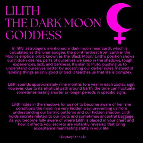 Here is my personal interpretation of Lilith (Dark Moon) in western astrology for each zodiac and houses. I have gathered this information for the last 8 years in doing my own shadow work and helping others in their personal charts. If you don’t know your Lilith placement in astrology comment your birthday and I will reveal it to you (if you like) 👁️🫶🏼 @planetaryoracle.333 #lilith #astrologyposts♈️♍️♌️♑️♋️♐️♊️♏️♉️♎️♓️ #astrologyreadings #astrology101 Lilith Information, Lilith In Astrology, Lilith Placement, Lilith Astrology, Oil Therapy, Western Astrology, Tarot Astrology, Baby Witch, Goddess Energy