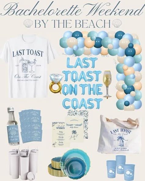 last toast on the coast bachelorette decorations Bachelorette Beach Outfits, Bachelorette Group Outfits Night, Bachelorette Party Beach Weekend, Toast On The Coast Bachelorette, Coastal Bachelorette, Hens Party Themes, Bachelorette Decor, Last Toast On The Coast, Toast On The Coast