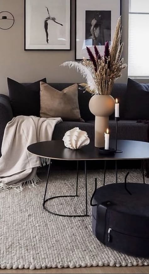 Black Sofa Living Room Decor, Black Sofa Living Room, Modern Apartment Living Room, Apartment Decorating Living, Beige Living Rooms, Black Living Room, Apartment Living Room Design, Future Apartment Decor, Neutral Living Room