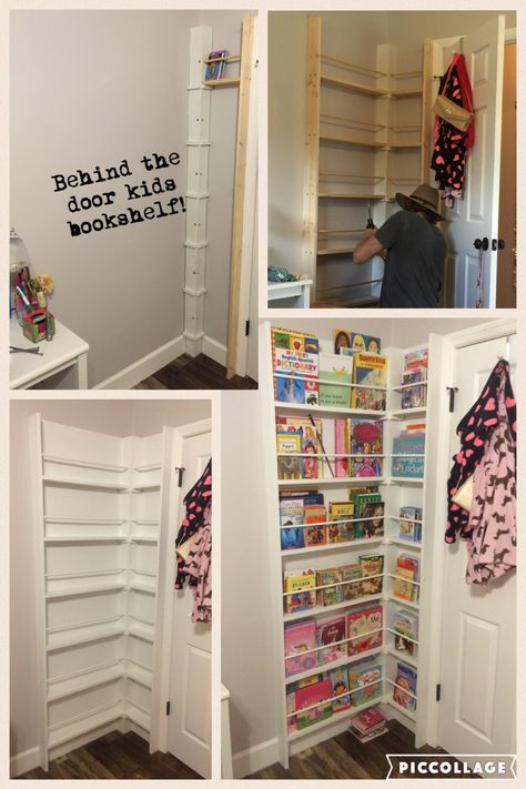 Books Around Door, Bookshelves Behind Door, Behind The Door Storage Kids Room, Behind The Door Bookshelf, Behind The Door Book Shelves, Behind Door Bookshelf, Behind Door Shelves, Bookshelf Behind Door, Behind The Door Storage Ideas