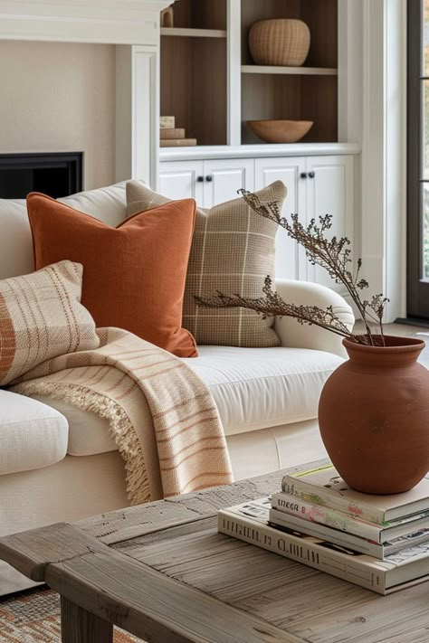 Mustard Pillows Living Rooms, Fall Color Decor, Orange Pillows Living Room, Orange Decor For Living Room, Orange House Decor, Burnt Orange Fall Decor, Autumn Room Ideas, Burnt Orange Living Room Decor, Regular Pillows