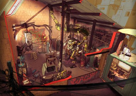 ArtStation - Merry Mini Mech Mechanics - Gael’s Home - Workshop Overview, Francis Goeltner Mechanic Workshop Design, Mechanical Workshop Design, Sci Fi Workshop, Cyberpunk Workshop, Mechanic Bedroom, Mech Aesthetic, Workshop Concept Art, Robot Workshop, Workshop Aesthetic