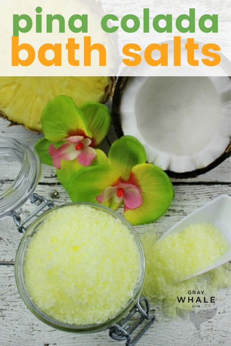 If you're in love with tropical scents, these pina colada bath salts are a favorite! You can make these DIY bath salts with essential oils at home, so easy and they smell divine! bath salts recipe | pineapple bath salts | coconut bath salts | essential oil bath salts homemade Diy Bath Salts With Essential Oils, Tropical Scents, Bath Salts Diy Recipes, Bath Soak Recipe, Diy Bath Salts, Diy Sugar Scrub Recipe, Bath Salts Recipe, Coconut Bath, Homemade Spa