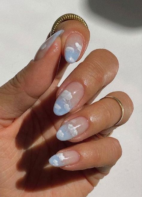 Korean Jelly Nails Oval, Trendy Nails Birthday, Gemini Nails Designs, Gemini Nail Ideas, Zodiac Nail Art, Gemini Nails, Feb Nails, Zodiac Nails, Pastel Blue Nails