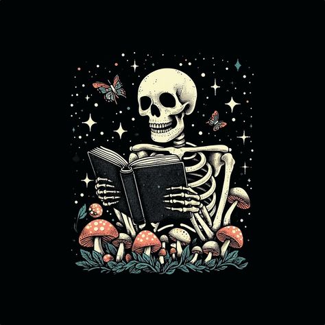 Night Reader Skeleton design. Night' life reading books, mashroom Skeleton Reading Book Wallpaper, Skeleton With Book, Skull Reading Book, Skeleton Reading Book Tattoo, Siobhan Core, Dark Reading Aesthetic, Halloween Dark Aesthetic, Kindle Inspiration, Reader Illustration