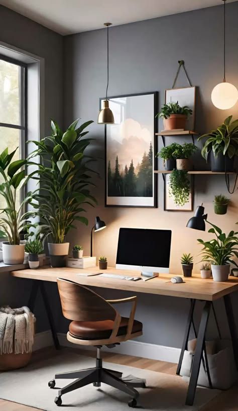 Office Plants Ideas Interior Design, Modern Home Office Ideas, Modern Cozy Home, Green Home Offices, Home Office Shelves, Ideas Habitaciones, Home Office Inspo, Create A Cozy Home, Minimalist Home Office