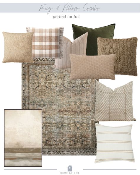 Pillow Rug Combinations, Rug Pillow Combo, Loloi Layla Olive Charcoal Living Room, Olive Rug Living Room, Rug And Pillow Combinations, Fall Throw Pillow Combinations, Pillow Combinations For Bed, Fall Pillow Combinations, Den Decorating Ideas Cozy