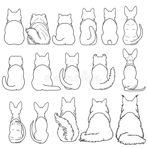 Back Cat Drawing, Cat From The Back Drawing, Dog Sitting From Behind Drawing, How To Draw A Cat From Behind, Fluffy Cat Line Drawing, Cat Drawing From Behind, Back Of Cat Drawing, Cats And Dogs Tattoo, Two Cats Sitting Together Drawing