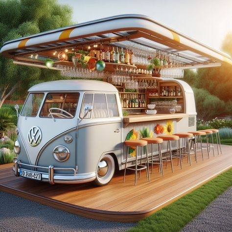 Volkswagen bus outdoor bar Open Hotel, Vintage License Plates, Vintage Vw Bus, Carport Designs, Cozy Seats, Backyard Gazebo, Kitchen Things, Counter Design, Bicycle Wheel