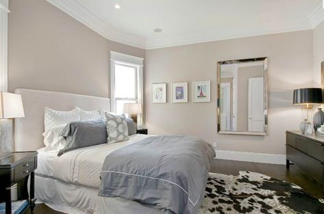 Taupe bedroom with dark wooden floors Neutral Bedroom Paint, Relaxing Bedroom Colors, Taupe Bedroom, Bedroom Paint Colors Master, Design Ložnic, Best Bedroom Colors, Living Colors, Taupe Walls, Bedroom Color Combination