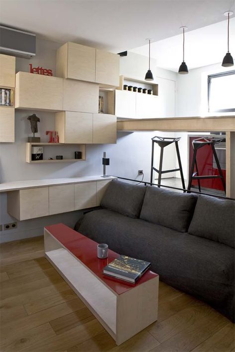 small apartment 16m2 Small Apartment Paris, Studio Apartment Living, Mini Loft, Micro Apartment, Tiny Apartments, Small Space Design, Apartment Organization, Apartment In Paris, Studio Apartments