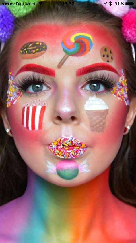 Candy Face Painting, Candy Face Paint, Lollipop Makeup, Candyland Makeup, Candy Clothes, Candy Makeup, Hair Challenge, Living Statue, Candy Hair