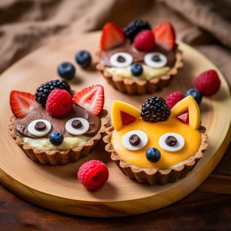 close up of three animal tartlets with animal faces made of blueberries, strawberries, and other fruits Dessert Animals, Fruit Tartlets, Christmas Cookies Packaging, Pie Art, Cookies Packaging, Animal Fruit, Pies Art, Creative Desserts, American Pie