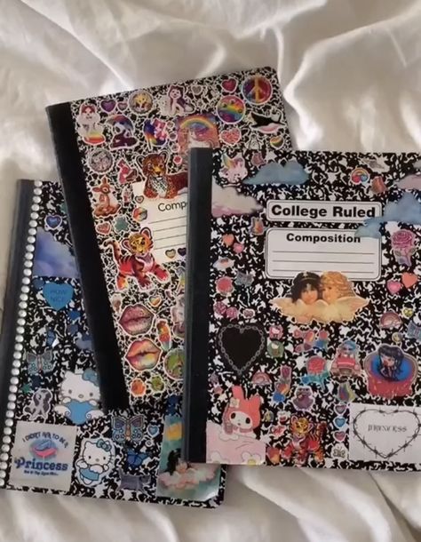 Notebook Covered In Stickers, Y2k Journal, Aesthetic Composition Notebook, Composition Notebook Aesthetic, Composition Notebook Journal, Hannah Wells, Notebook Cover Design, Sketchbook Cover, Pretty Journals