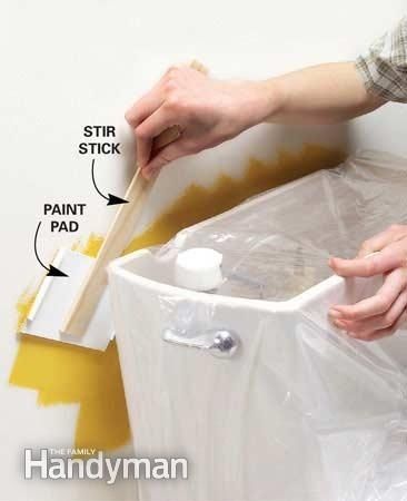 Make a long-reach paint pad for tight spaces. | 47 Tips And Tricks To Ensure A Perfect Paint Job Mess Free Painting, Genius Ideas, Painted Sticks, Home Repairs, Painting Bathroom, Room Paint, Painting Tips, Home Maintenance, Home Repair