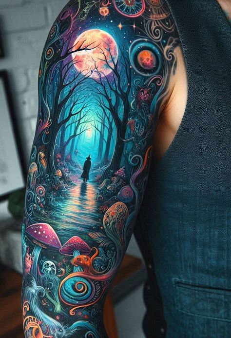 Stand out from the crowd with a unique forest tattoo design. Bold, daring, and unforgettable. Magical Forest Tattoo Sleeve, Magical Forest Tattoo, Enchanted Forest Tattoo, Forest Tattoo Design, Cool Space Tattoos, Forest Tattoo Sleeve, Space Tattoos, Forest Tattoo, Mermaid Nail Art