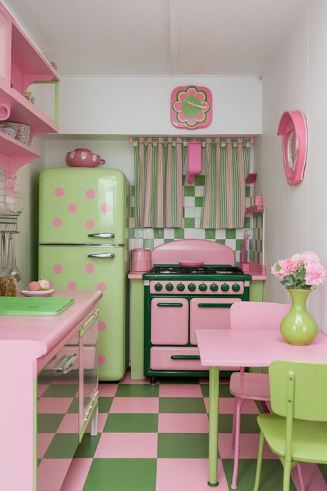 Tips for Creating a Vintage Colorful Kitchen Fun Colorful House Interior, Pink And Purple Kitchen, Granny Kitchen, 80s House Decor, Funky Kitchen Decor, Retro Apartment Decor, Pink Retro Kitchen, Kitchen Theme Ideas, Funky Interior Design