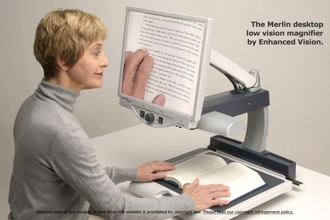 Magnifying device  which sits on a desktop, table, or sturdy flat surface.  This assistive device provides one level of magnification like that of a traditional magnifying glass.  The advantage of this type of desktop magnifier is the simple, easy to use design and affordability. Assistive Technology Devices, Low Vision Aids, Educational Technology Tools, Desktop Table, Social Stories Preschool, Visual Impairment, Adaptive Equipment, Visual Schedules, Assistive Devices