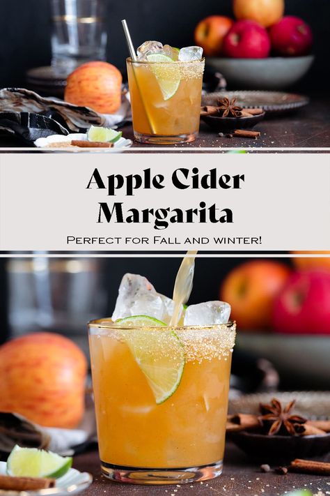 This Apple Cider Margarita is the best of both worlds. A refreshing tequila cocktail with all the fall flavors. There are warming spices, tangy lime juice, and silver tequila. It's the perfect drink for a holiday get together, especially Thanksgiving or Christmas. Really easy to make into a margarita mocktail too! Cider Margarita Recipe, Apple Cider Margarita, Cider Margarita, Margarita Mocktail, Sparkling Apple Cider, Bookish Christmas, Tequila Cocktail, Fall Cocktail, Thanksgiving Drinks