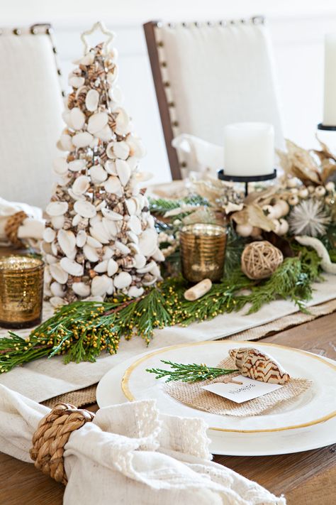 Set the Table for a Memorable Holiday Meal - Cottage style decorating, renovating and entertaining Ideas for indoors and out Coastal Christmas Table, Home Remodel Checklist, Modern Beach Cottage, Remodel Checklist, California Christmas, Shells And Sand, Beach Table, Classic Christmas Decorations, Christmas Dining Table