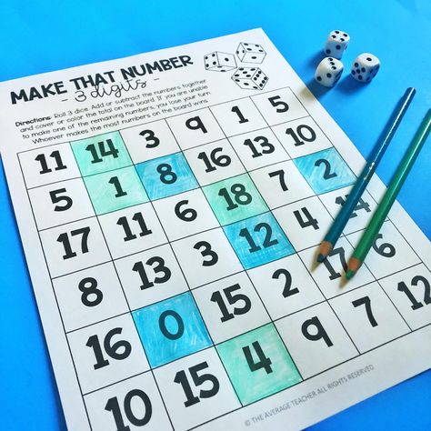 How to play Make That Number - a math dice game Dice Activities, Dice Math Games, Adding Game, Math Card Games, Maths Games, Summer Math, Elementary Teaching, Math Intervention, Game Template