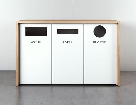 The Thro Waste and Recycling unit has an upscale and streamlined design intended to be more than an accessory piece in a room, but rather a statement piece which focuses on functionality. Cafe Trash Station, Home Recycling Station, Office Recycling Bins, Recycling Bin Storage, Canteen Design, Office Coffee Bar, Application Ideas, Diy Furniture Restoration, Recycling Storage