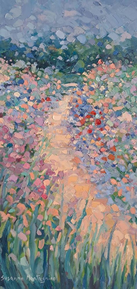 Flowers Impressionist Painting, Monet Styled Paintings, Whimsical Garden Painting, Watercolor Art Garden, Diy Impressionist Painting, Abstract Garden Painting, Garden Painting Easy, Post Impressionist Paintings, Garden Impressionism