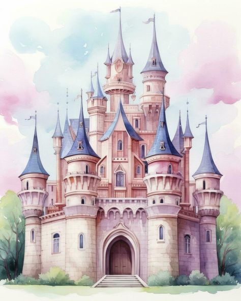 Pangeran Disney, Disney Castle Art, Unicorn Mural, Watercolor Kawaii, Disney Palace, Disney Princess Castle, Silhouette Butterfly, Castle Illustration, Castle Drawing