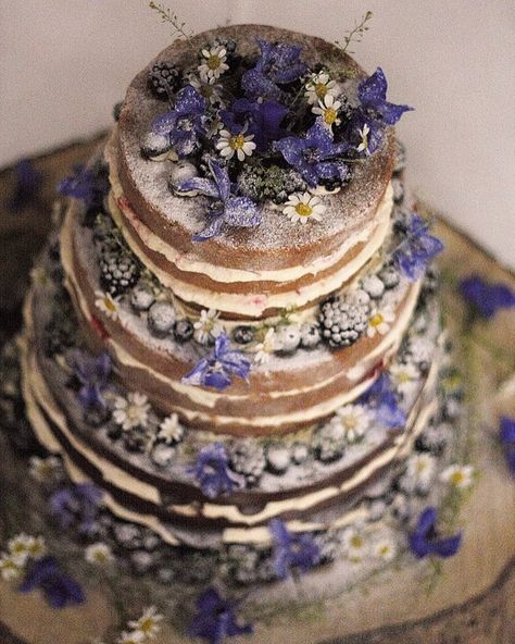 Beautiful naked wedding cake topped with purple edible flowers and berries #weddingcake #nakedweddingcake #love #wedding #cake #edibleflowers Purple Woodland Wedding, Elvish Wedding Cake, Green And Purple Wedding Cake, Fairy Wedding Cake, Wedding Cake With Purple Flowers, Wedding Cake Purple Flowers, Wedding Cake Purple, Weding Decoration, Wedding Cake Forest