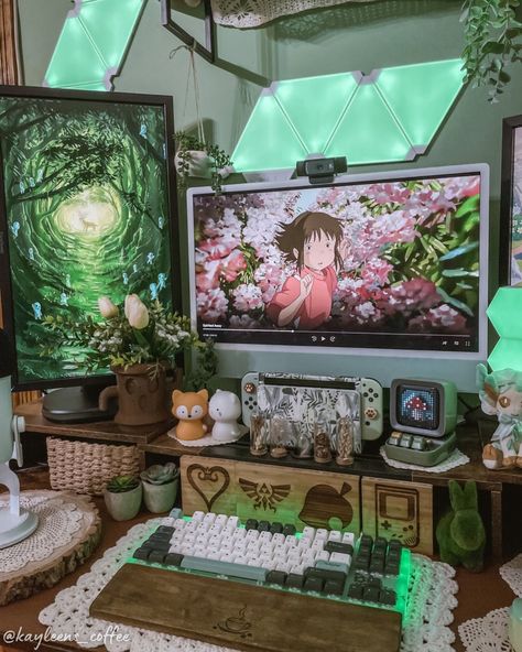 Ghibli Forest, Work Nook, Game Bedroom, Room Decor Gaming, Anime Bedroom Ideas, Setup Inspiration, Game Setup, Cozy Desk, Gamer Room Decor