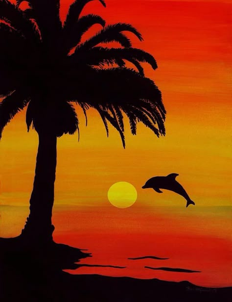 Sunset Sunset Drawing Easy, Dolphin Sunset, Dolphin Drawing, Dolphin Painting, Palm Trees Painting, Silhouette Painting, 수채화 그림, Sunset Canvas, Sunset Painting