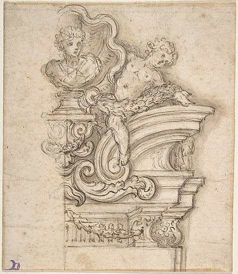 Project for a Memorial with Volutes and Garland-bearing Putti Surrounding a Bust in a Shell Niche. Giovanni Battista Foggini (Italian, Florence 1652–1725 Florence) Date: 1652–1725 Ornamental Design, Ornament Drawing, Italian Interior Design, Italian Interior, Classic Image, Italian Art, Historical Maps, Classical Art, Metropolitan Museum Of Art